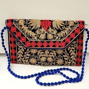 Laftan Artisan GujaratZari Gold Red Embroidery velvet Hand made purse bag clutch